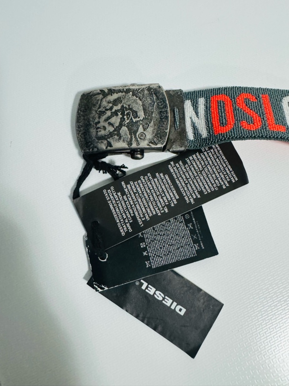 Diesel Grey Web Belt with Red & White Logo and Distressed Silver Buckle - Picture 2 of 6